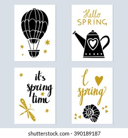 Spring card design set isolated, hot air balloon, teapot, dragonfly, sea shell, hearts, stars, calligraphic font