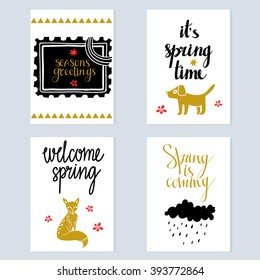 Spring card design set isolated, frame, cloud, rain drops, dog, fox, flowers, calligraphic text