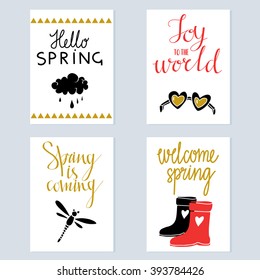 Spring card design set isolated, cloud, rain drops, dragonfly, sunglasses, shoes, calligraphic text
