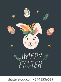 Spring card with Easter bunny, wreath flower decor, lettering. Cute vector illustration for advent, greeting card, banner, t shirt, print, decoration and more. 