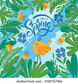 Spring card in flat modern style. Hand lettering Hello spring. Seasonal logo with leaves, flowers and a cute bird. Suitable for greeting card, invitation, banner, poster.