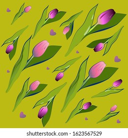 Spring card with floral pattern of tulips and leaves on a green background