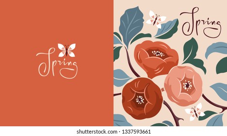 Spring card with flowers and butterflies. Hand-drawn vector illustration