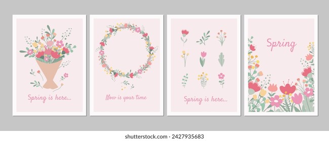 Spring card with flowers compositions in vintage design. Cute greetin illustrations set in flat style.