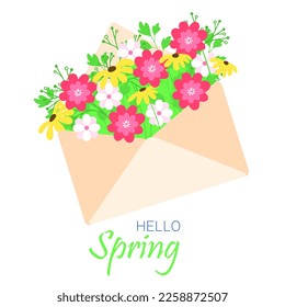 Spring card with flowers. Hello spring square banner with flowers in envelope. Vector illustration.