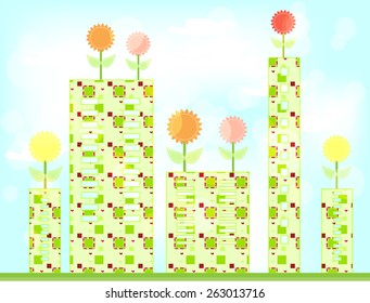 Spring card with flowers, modern buildings and blue sky with clouds