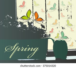 Spring card with flowers, watering can and colorful butterflies on background of window