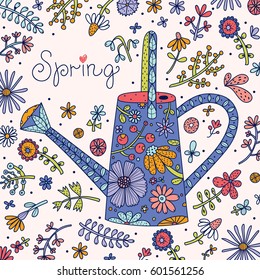 Spring card with flowers and a watering can.