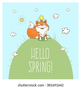 Spring card with funny cartoon fox and butterfly. Vector image.