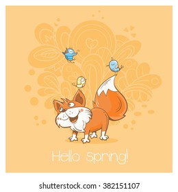 Spring card with funny cartoon fox and birds. Vector image.