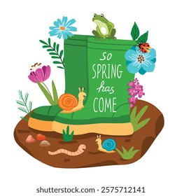 Spring card with garden boots, plants and cute animals. Cartoon snails, frog, worm ,ladybug and flowers. Floral composition and handwritten. Print on fabric and paper. Flat color vector illustration.