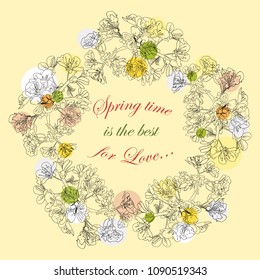 Spring card with a garland of cherry blossoms
