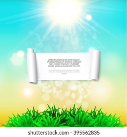 Spring card with grass and sunrays. Curved paper with sample text. Vector illustration