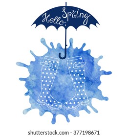 Spring card with a greeting on blue watercolor background. Hand-drawn vector illustration.