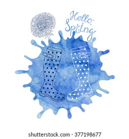 Spring card with a greeting on blue watercolor background. Hand-drawn vector illustration.