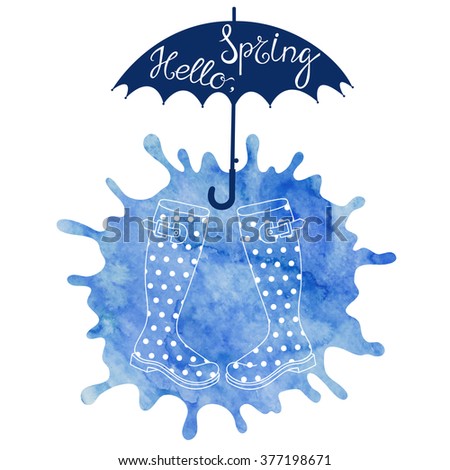 Spring card with a greeting on blue watercolor background. Hand-drawn vector illustration.