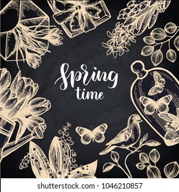 Spring card hand drawn set. Isolated vector botanical illustration.  Engraving