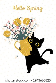 Spring card Hello Spring. Black funny cat with a bouquet of cute lilies of the valley and tulips in a jug in trendy colors for printing on T-shirts, decorative pillows, poster. Vector illustration.