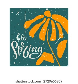 Spring card. Hello Spring calligraphy lettering with orange flower isolated on green background. Freehand drawn textured design for banner, flyer, brochure, card, poster of seasonal spring holiday.