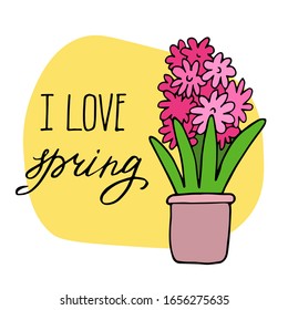 Spring card with hyacinth. Hand-drawn vector illustration. Hand lettering I love spring.