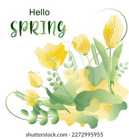 Spring card, invitation, poster, greeting. Hand drawing. Festive background with inscription. Decorated with delicate tulips, field herbs and decor.
