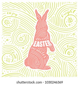 Spring Card. The Lettering - Blessed Easter Miracles. Easter Design with Rabbit. Handwritten Swirl Pattern. Vector Illustration.