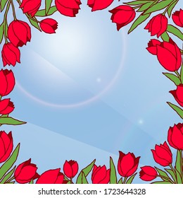 Spring card with light blue background and the frame of red tulips in naive cartoon style. Isolated vector illustration