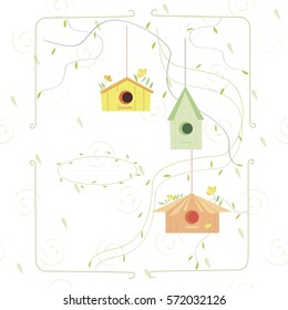 spring card with little birds in birdhouses , vector , illustration