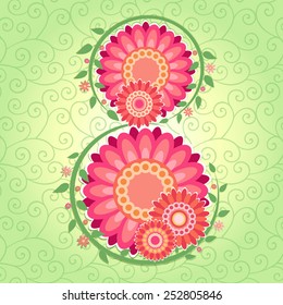 Spring card March 8. International Women's Day. Green background with floral elements. Vector illustration.