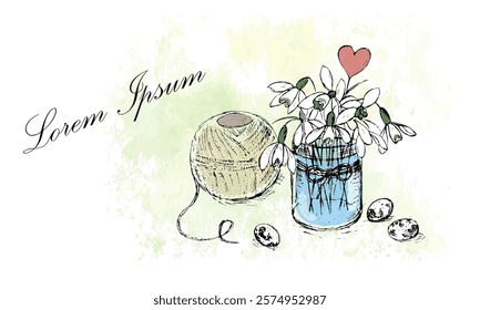 A spring card on the theme of Valentine's Day or International Women's Day. A bouquet of snowdrops with a Valentine on the table.