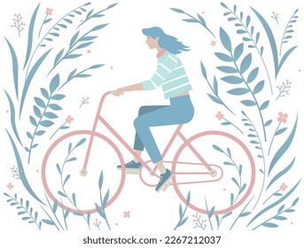 spring card on a white background, a girl with blue hair rides a bicycle among flowering herbs