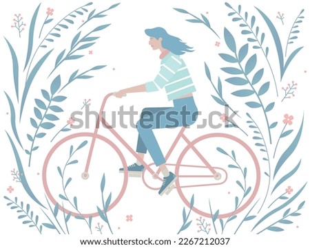spring card on a white background, a girl with blue hair rides a bicycle among flowering herbs