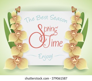 Spring card with orchid's branches, leaves and greeting message.