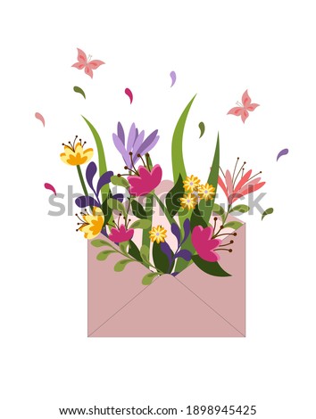 Spring card with a postal envelope and a bouquet of flowers. Time for spring. Vector card for invitations, congratulations, logos and icons. White background.