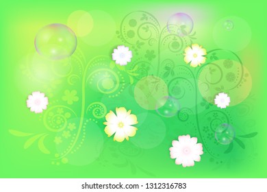 spring card or poster. flowers on abstract  green background