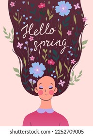 Spring card or poster with a girl and flowers. Vector graphics.