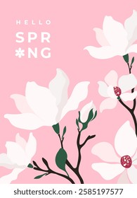 Spring card or poster with Magnolia flowers. Modern floral template for Womens Day March 8, birthday and Mothers Day