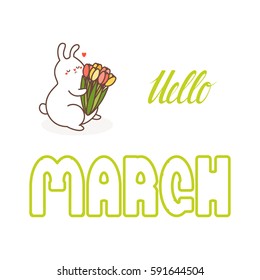 Spring card or poster template. Romantic rabbit with Tulips. Vector.