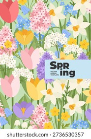 Spring card, poster with tulip, daffodil, crocus, hyacinth, bluebell, daisy, lily of the valley, forget me not flowers. Floral art template for banner, cover, advertising, social media, web