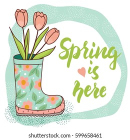 Spring Card With Rain Boot And Tulips. Spring Is Here.