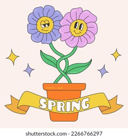 Spring card in retro cartoon style. Abstract illustration of flowers in a pot. Love characters of flowers in one pot.
