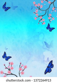 Spring card with sakura and butterfly, vector