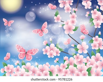 Spring card with sakura and butterfly, vector