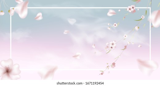Spring card with sakura, flowering branch and grass on a pastel background. Background for invitation, discount or flyer. Realistic detailed vector template.
