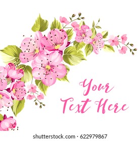 Spring card with sakura flowers containes calligraphic your text here sign isolated over white background. Vector illustration.