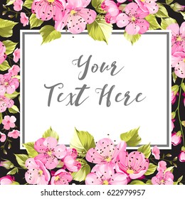 Spring card with sakura flowers containes calligraphic your text here sign isolated over white background. Vector illustration.