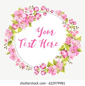 Spring card with sakura flowers containes calligraphic your text here sign isolated over white background. Vector illustration.