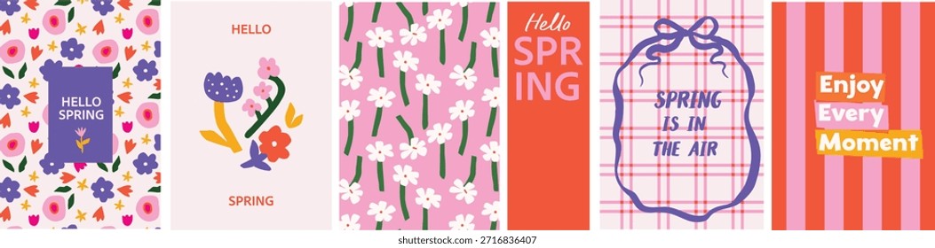 Spring card Set of floral illustrations, plaid backgrounds, stripes, and positive quotes. Perfect for greeting cards, posters, wall art, stationery, invitation, web banners and seasonal decor.