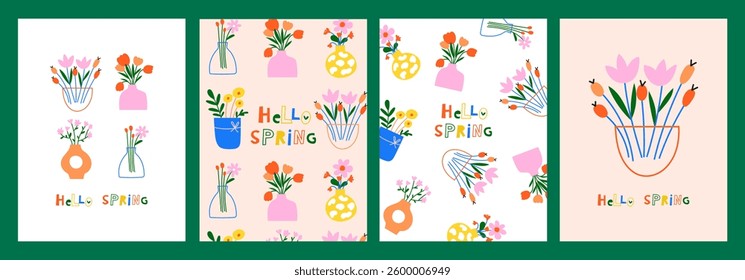 Spring card set with flowers in vase. Vector illustrations