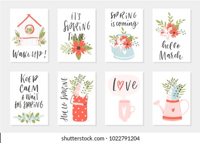 Spring card set, hand drawn elements with quotes, calligraphy, flowers, wreath, leaf. Perfect for greeting cards, sale badges, scrapbook, poster, cover, tag, invitation. Vector collection.